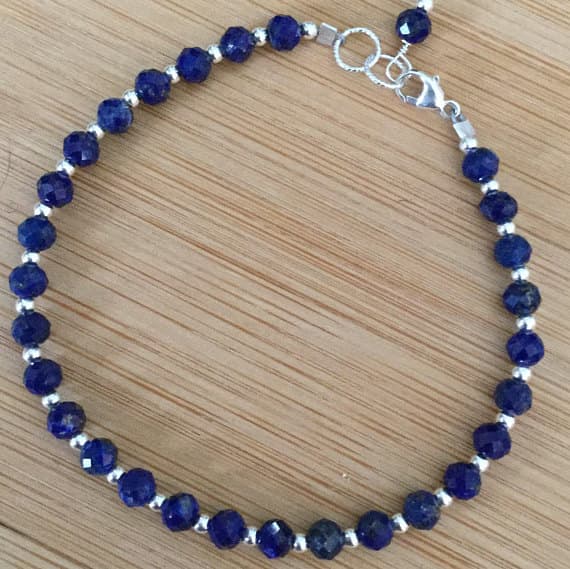925 sterling Silver Positive Energy 3.5mm stacking Blue Lapis Lazuli Bracelet Round, Faceted 7" for mens, womens.