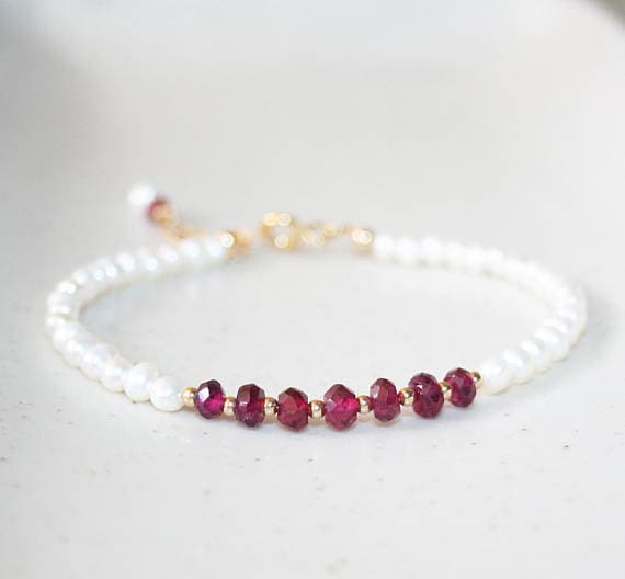 24k gold Plated Handmade Beaded Gold Helling 4mm stacking Multi White Pearl & Garnet Bracelet Rondelle, Faceted 7" for mens, womens.