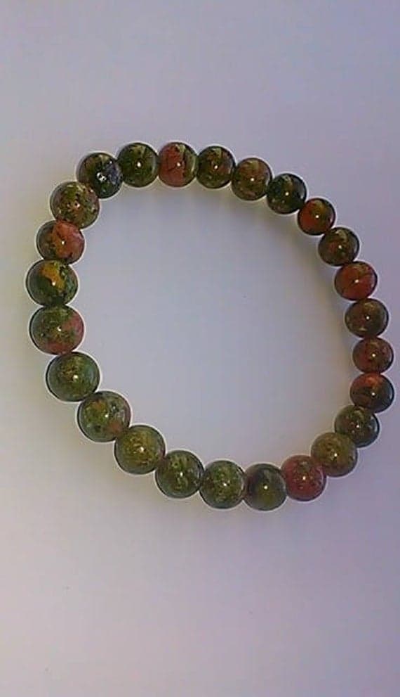 Handmade Beaded 8mm Stretchable Green Unakite Bracelet Round, Smooth 7" for mens, womens.