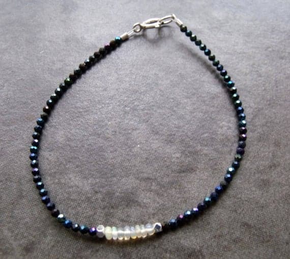 Ethiopian Opal and Mystic Black Spinel Sterling Silver Dainty Stacking Bracelet Opal Gemstone Bracelet 3 mm Code- WAR6499