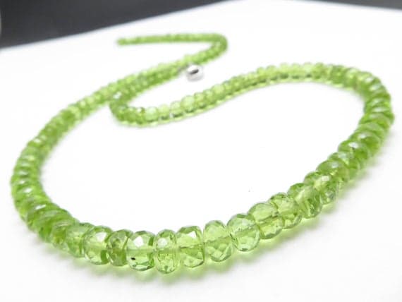 925 sterling Silver Bridesmaid Jewelry 5-6mm stacking Green Green Peridot Necklace Rondelle, Faceted 17" for mens, womens.