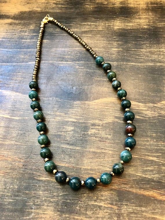 24k gold Plated memorial gift Gold Helling 2-8mm stacking Green Bloodstone & Pyrite Necklace Round, Smooth 17" for mens, womens, gf, bf & Adult.