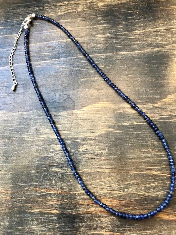925 sterling Silver chakras simple 3mm stacking Blue Iolite Necklace Rondelle, Faceted 18" for mens, womens, gf, bf & Adult.
