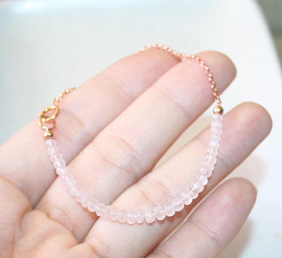 24k gold Plated Natural Gold Helling 3-3.5mm stacking Pink Pink Morganite  Bracelet Rondelle, Smooth 7" for mens, womens.