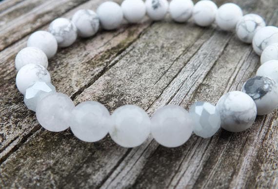 AAA++ Rare Quality White Howlite and Snow Quartz Bracelet | White Jewelry | Marble Bracelet | Crystal Bracelet | Stacking Bracelet | Yoga Bracelet 8mm 7" Strand. Code- TJH317