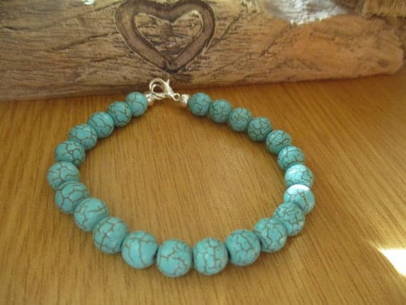 925 sterling silver Personalized Gift 8mm Sky Blue Turquoise stacking Bracelet Round, Smooth 18cm for mens, womens, gf, bf and adults.