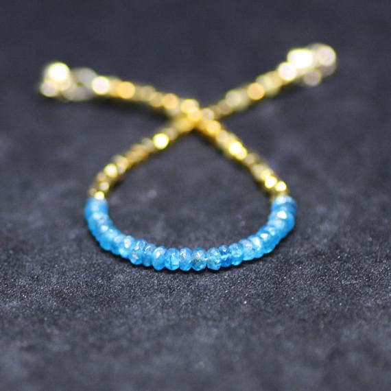 24k gold Plated memorial gift Gold HELLING 3mm stacking Blue Natural Neon Blue Apatite Bracelet Rondelle, Faceted 7" for mens, womens, gf, bf & Adult.