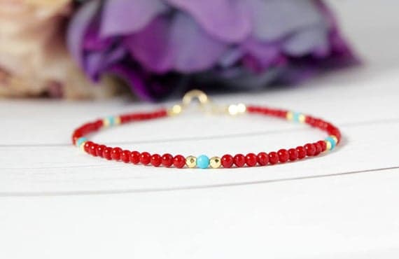 24k gold Plated Handmade Beaded Gold Helling 2mm stacking Red Red Coral Bracelet Round, Smooth 7" for mens, womens, gf, bf & Adult.