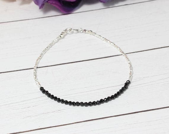 Tiny Black Spinel Bracelet,Dainty Pure Silver Bracelet,Minimalist Beaded Bracelet,Stacking Bracelet,Bracelet for woman,Gift for her 1-2 mm Code- WAR9012