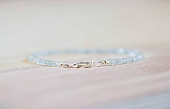 925 sterling silver Handmade Beaded 3-3.5mm Sky Blue Aquamarine stacking Bracelet Rondelle , Faceted 18cm for mens, womens, gf, bf and adults.