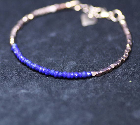 24k gold Plated Anniversary Gift Gold Helling 3mm stacking Blue Natural Lapis Lazuli Bracelet Round, Faceted 7" for mens, womens, gf, bf & Adult.