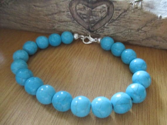 925 sterling silver Dainty Slave Loose 10mm Sky Blue Turquoise stacking Bracelet Round, Smooth 18cm for mens, womens, gf, bf and adults.