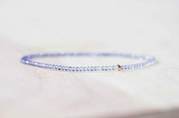 Rose Gold Blush Jewelry 2.5mm Blue Iolite Stretchable Bracelet Round, Faceted 18cm for mens, womens, gf, bf and adults.