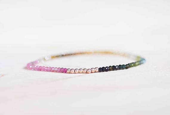 Rose Gold Artisan Loose 2.5mm Multi Colour Tourmaline Stretchable Bracelet Round, Faceted 18cm for mens, womens, gf, bf and adults.