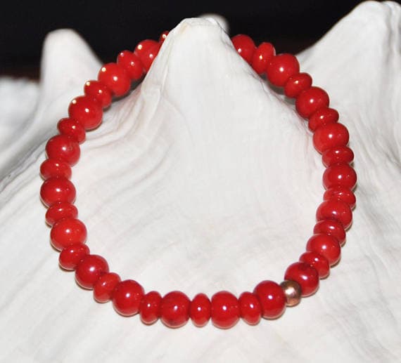 Rose Gold love beach youth 4mm Red Red Coral  Stretchable Bracelet Rondelle, Smooth 18cm for mens, womens, gf, bf and adults.