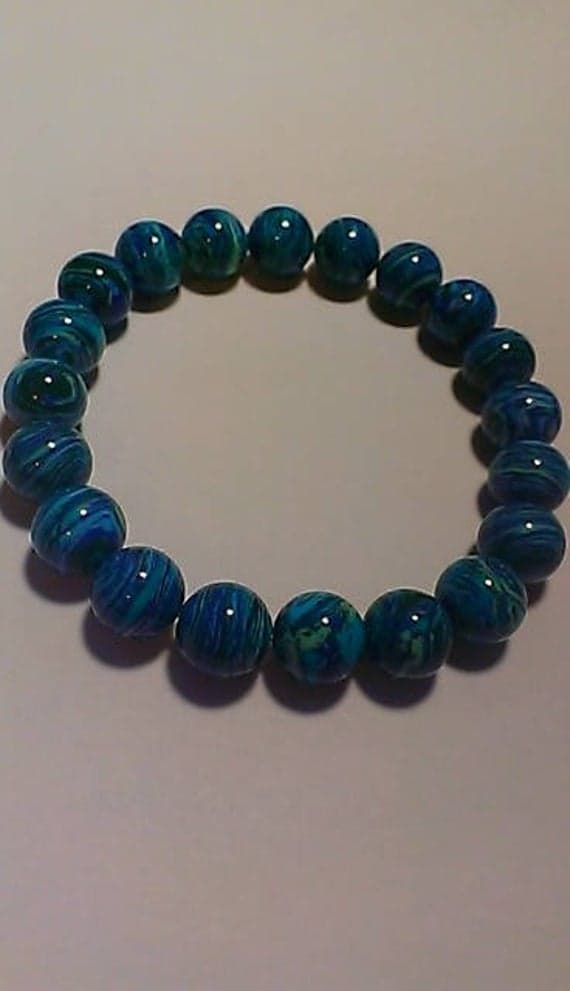 Jewelry Energy 10mm Stretchable Blue & Green Blue and Green Malachite Bracelet Round, Smooth 7" for mens, womens.