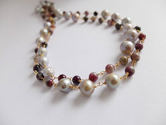 AAA++ Rare Quality Super long Natural,tourmaline ,gray freshwater pearl necklace Semiprecious gemstone necklace,long Gold  filled gray round pearls tourmaline 6 mm Code- TJH136