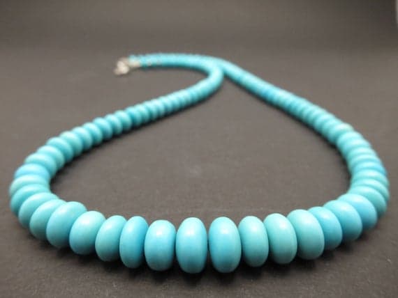 925 sterling Silver Bridesmaid Jewelry 6-8mm stacking Sky Blue Arizona Turquoise Necklace Rondelle, Smooth 17" for mens, womens.