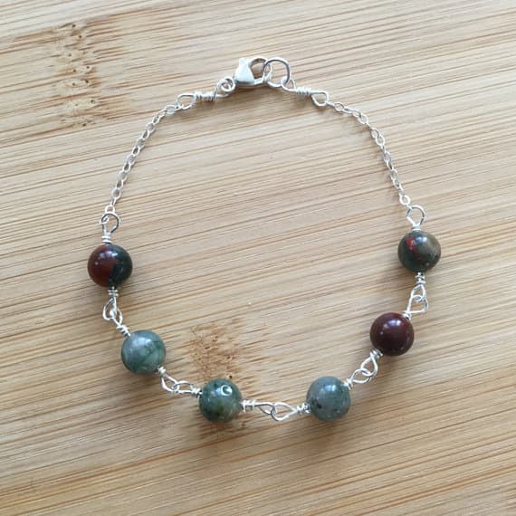 925 sterling Silver Anxiety Gemstone 6mm stacking Multi African Bloodstone Bracelet Round, Smooth 7" for mens, womens.