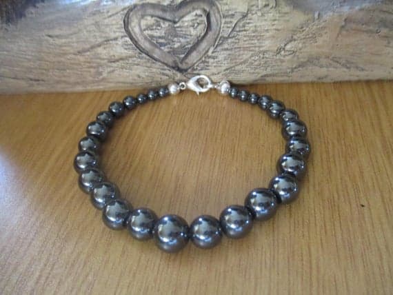 925 sterling silver Rock Gift 4-10mm Silver Hematite stacking Bracelet Round, Smooth 18cm for mens, womens, gf, bf and adults.