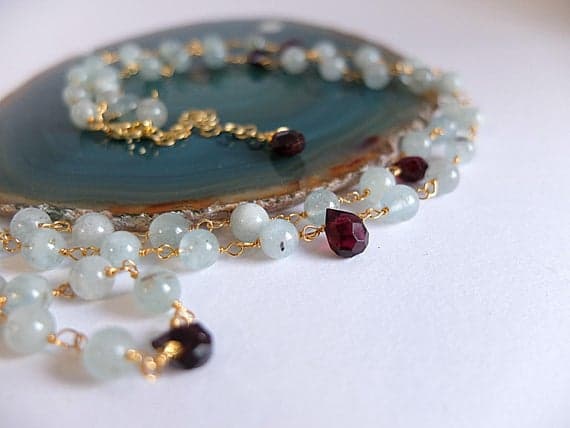 AAA++ Rare Quality Long beautiful Aquamarine necklace,rosary style Gold  filled necklace,Aquamarine smooth spheres,Rhodilite Garnet briolettes milk aquamarine 6 mm Code- TJH135