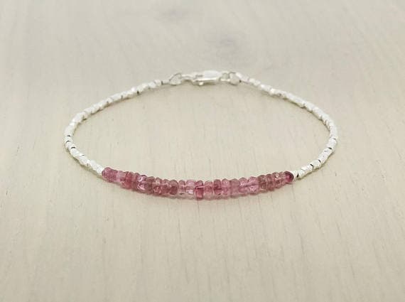 925 sterling Silver Unique Wedding Gift 3-3.5mm stacking Pink Pink Tourmaline  Bracelet Rondelle, Faceted 7" for mens, womens.