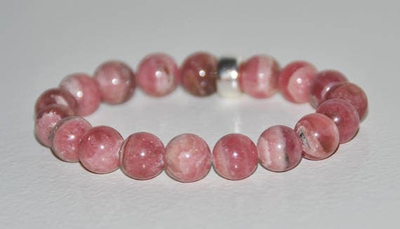 925 sterling silver Dainty Slave Loose 10mm Pink Pink Rhodochrosite  Stretchable Bracelet Round, Smooth 18cm for mens, womens, gf, bf and adults.