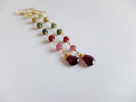 AAA++ Rare Quality Watermelon Tourmaline Gold  filled Earrings,Delicate linearEarrings, Garnet briolette,tourmaline Earrings,Gold  Earrings tourmaline gemstones 4 mm Code- TJH198