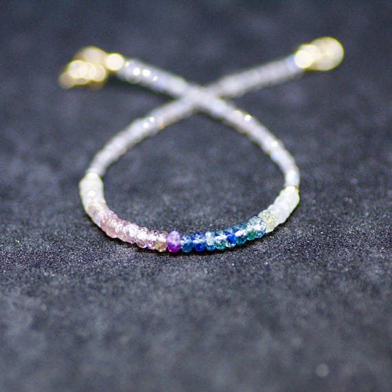 24k gold Plated love beach youth Gold Helling 2mm stacking Multi Natural Labradorite and Purple Teal Sapphire Bracelet Rondelle, Faceted 7" for mens, womens, gf, bf & Adult.