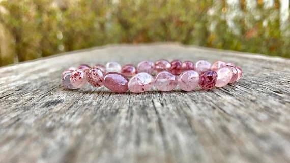 chakras simple 8-10mm Stretchable Pink Strawberry Quartz  Bracelet Oval, Smooth 7" for mens, womens, gf, bf & Adult.