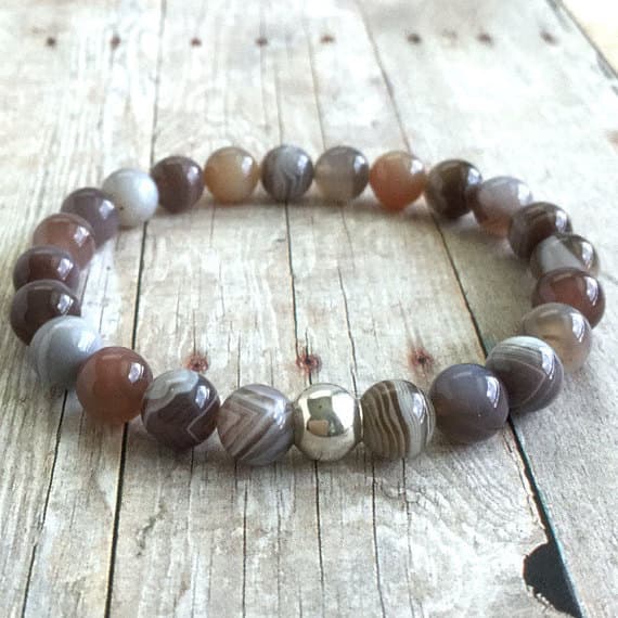 925 sterling silver Rock Gift 8mm Red Botswana Agate  Stretchable Bracelet Round, Smooth 18cm for mens, womens, gf, bf and adults.