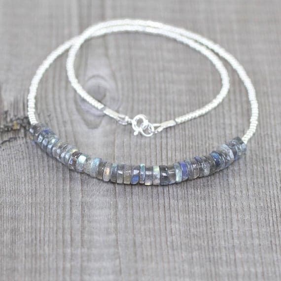 925 sterling Silver Dainty Slave Loose Silver Helling 5mm stacking Gray Labradorite, Miyuki Necklace Tyre, Smooth 16" for mens, womens, gf, bf & Adult.