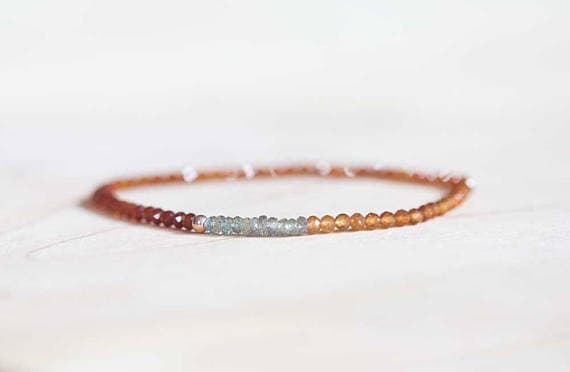 Rose Gold Empath Protection 3mm Multi Colour Hessonite Garnet & Grey Sapphire Stretchable Bracelet Round, Faceted 18cm for mens, womens, gf, bf and adults.