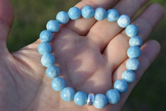 Grounding Silver Helling Balls 8mm Stretchable Sky Blue Larimar quartz  Bracelet Round, Smooth 7" for mens, womens.