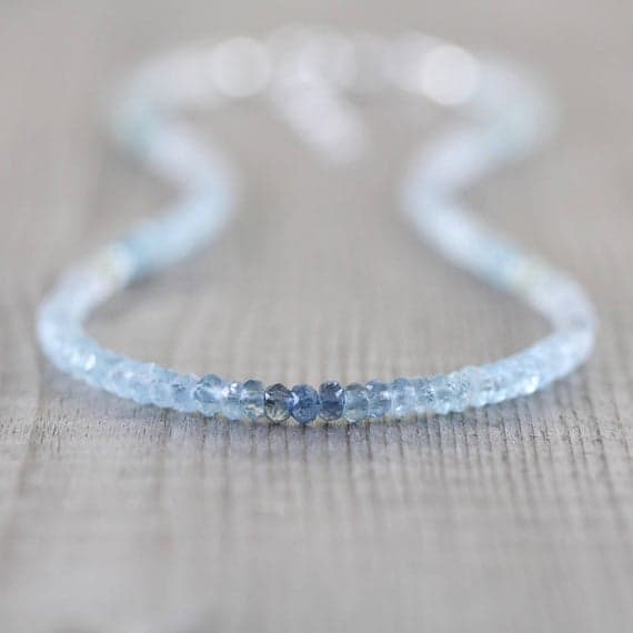 925 sterling Silver Grounding 3mm stacking Blue Aquamarine Necklace Rondelle, Faceted 16" for mens, womens, gf, bf & Adult.