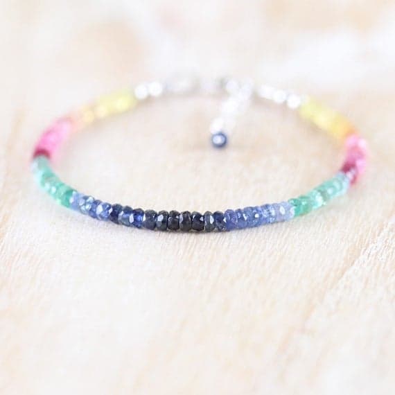 925 sterling Silver Anniversary Gift 3.5mm stacking Multi Blue & Yellow Sapphire, Emerald and Ruby Bracelet Rondelle, Faceted 7" for mens, womens, gf, bf & Adult.