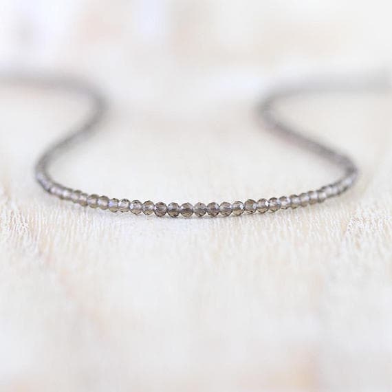 925 sterling Silver memorial gift 2mm stacking Brown Smokey Topaz  Necklace Round, Faceted 16" for mens, womens, gf, bf & Adult.