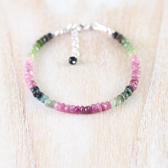 925 sterling Silver Unique Wedding Gift 3.5-4mm stacking Multi Watermelon Tourmaline Bracelet Rondelle, Faceted 7" for mens, womens, gf, bf & Adult.