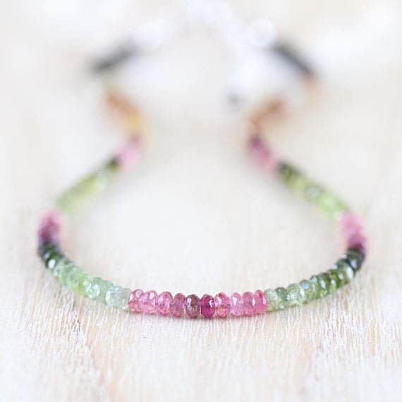 925 sterling Silver good luck gift 3.5mm stacking Multi Watermelon Tourmaline Necklace Rondelle, Faceted 16" for mens, womens, gf, bf & Adult.