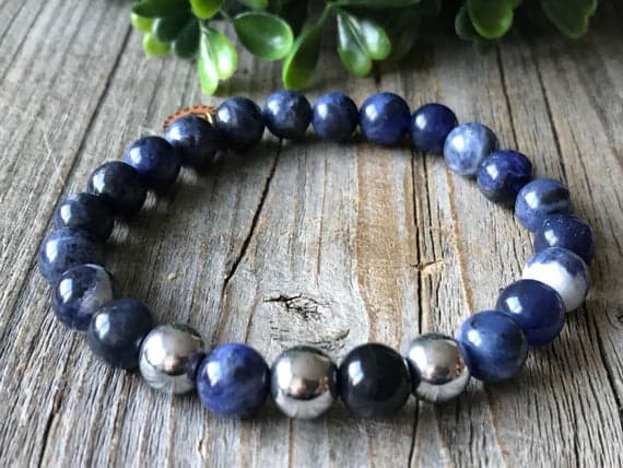 Jewelry Energy silver helling 8mm Stretchable blue Sodolite Bracelet Round, Smooth 7" for mens, womens, GF, BF, Adults.