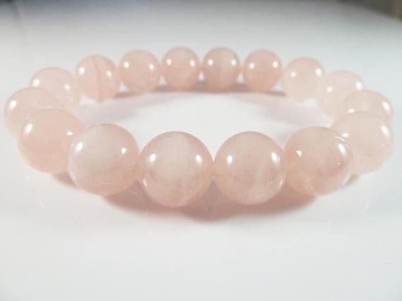 Unique Wedding Gift 12mm Stretchable Pink Madagascar Rose Quartz  Bracelet Round, Smooth 7.5" for mens, womens, gf, bf & Adult.