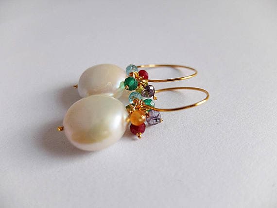 AAA++ Rare Quality Drop large coin pearl earrings,Gold  filled gemstone cluster earrings large white coin pearl,Gold  filled multi gemstone cluster earrings,  Code- TJH197