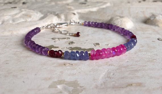 Dainty Bracelet, Moon Stone, Tanzanite, Rhodolite Garnet, Multiple Stones, Karen Hill silver plated 24K gold, Solid Silver, Bohemian Chic 3.5 to 4 mm Code- WAR6358