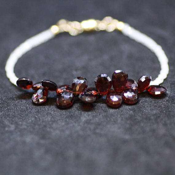 24k gold Plated Unique Wedding Gift 2mm stacking Red Natural Garnet and Moonstone  Bracelet Pear & Rondelle, Faceted 7" for mens, womens, gf, bf & Adult.