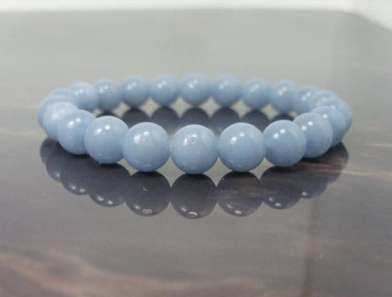 memorial gift 8mm Stretchable Blue Angelite Bracelet Round, Smooth 7" for mens, womens.