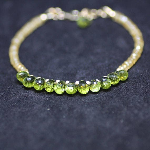925 sterling Silver Blush Jewelry Silver Helling 3-7mm stacking Green & Yellow Natural Citrine and Peridot Bracelet Drop & Rondelle, Faceted 7" for mens, womens, gf, bf & Adult.