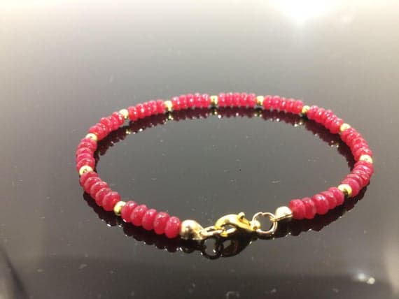 24k gold Plated Personalized Gift Gold Helling 4-5mm stacking Red Ruby Bracelet Rondelle, Faceted 7" for mens, womens, gf, bf & Adult.