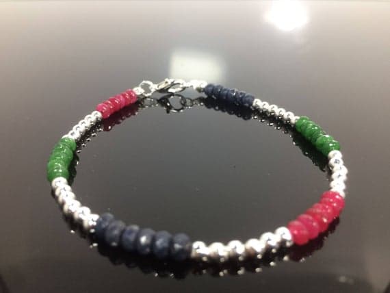 925 sterling Silver Natural Silver Helling 4-5mm stacking Multi Ruby Sapphire Emerald Bracelet Rondelle, Faceted 7" for mens, womens, gf, bf & Adult.