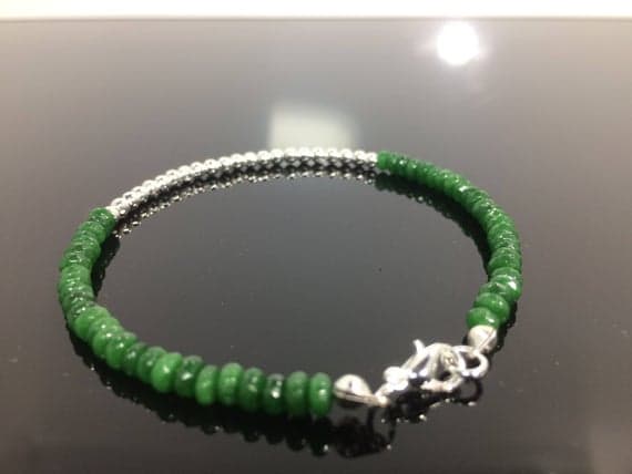 925 sterling Silver Grounding Silver Helling  3-4mm stacking Green Emerald Bracelet Rondelle, Smooth 7" for mens, womens, gf, bf & Adult.