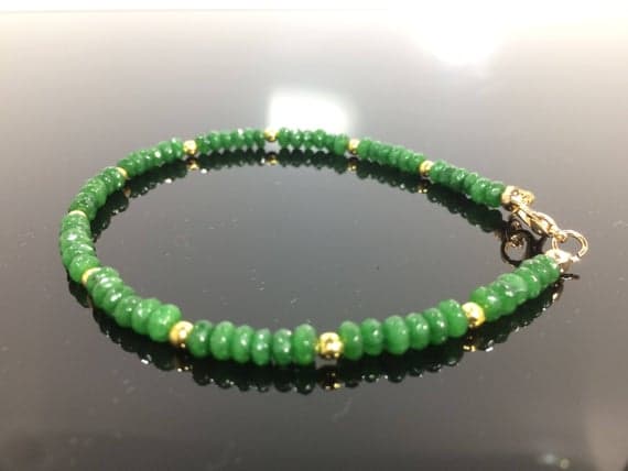 24k gold Plated top quality Gold  helling 3-4mm stacking Green Emerald Bracelet Rondelle, Smooth 7" for mens, womens, gf, bf & Adult.